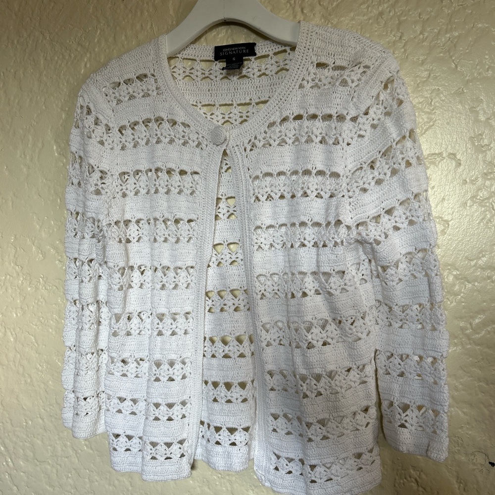 Jones New York Crochet White Cardigan Sweater with Intricate Lacy‎ Pattern Small
